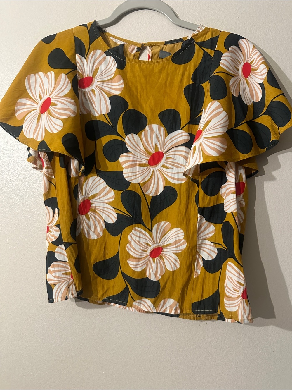 NWT Eva Franco Floral Blouse Women's Mustard Floral Ruffle Sleeve Top Sz 2